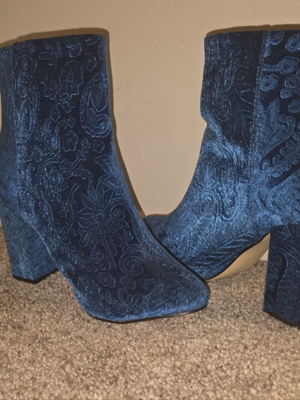 Women's Blue Velvet Embossed Block Heel Ankle Boots